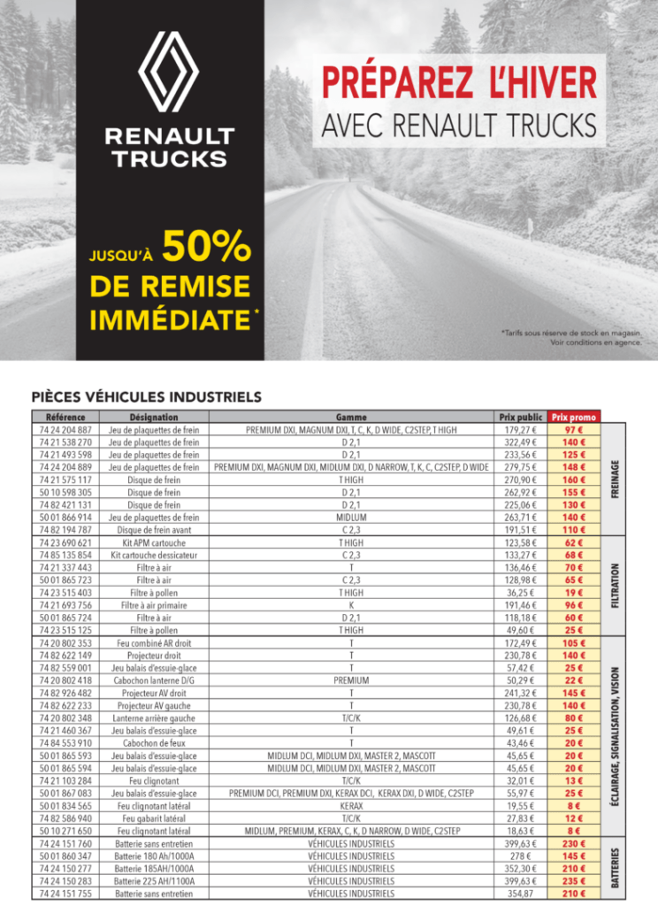 Jusqu’à 50% de remise immédiate sur une sélection de pièces Renault Trucks Pour véhicules utilitaires et véhicules industriels Renault Trucks